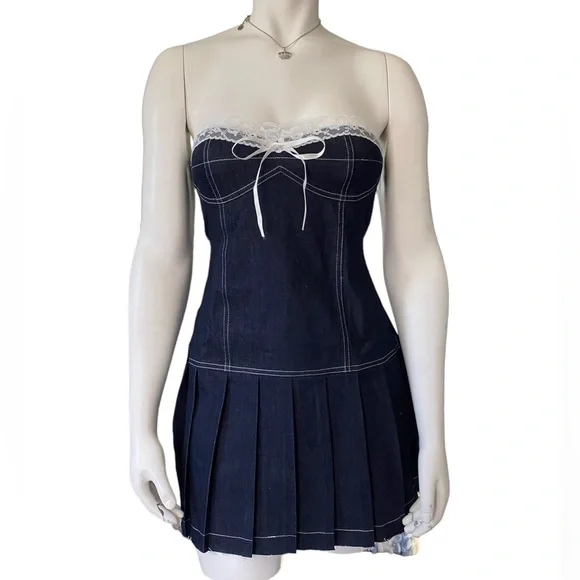 Stuck on Stupid | NWT’s cyber Y2K “Mary Jane Denim Set” pleated lace mini dress - Picture 2 of 7